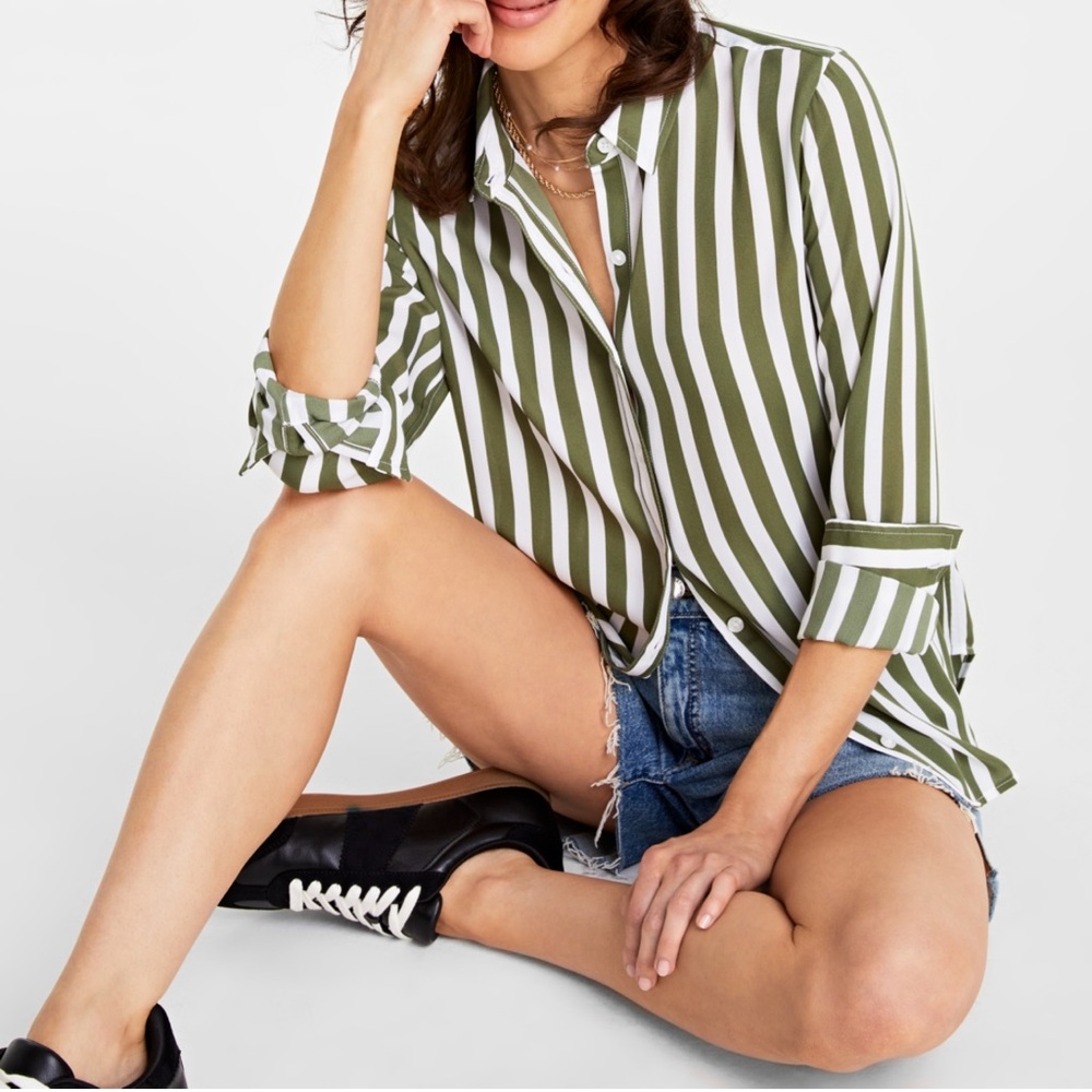 Olive Striped Button-Down Shirt for Women